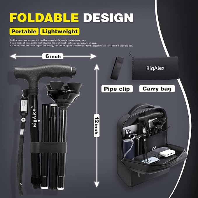 BigAlex Folding Walking Cane with LED Light,Pivoting Quad Base,Adjustable Walking Stick with Carrying Bag for Men/Women