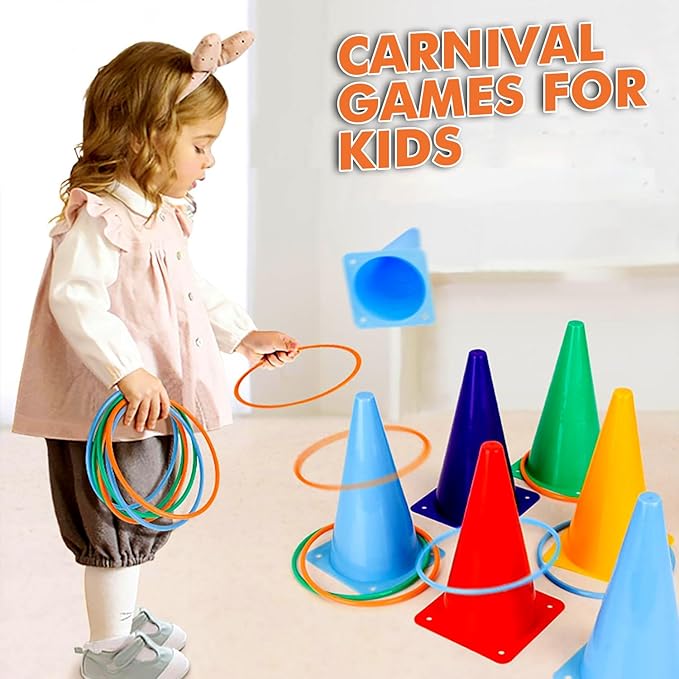 CircleCraft 31 Pcs. Plastic Cones and Rings Games Ring Toss Games for Adults, Carnival Games for Kids, Bean Bag for Kids Games Birthday Party, Yard Game, Sports & Outdoor Game for Family Party