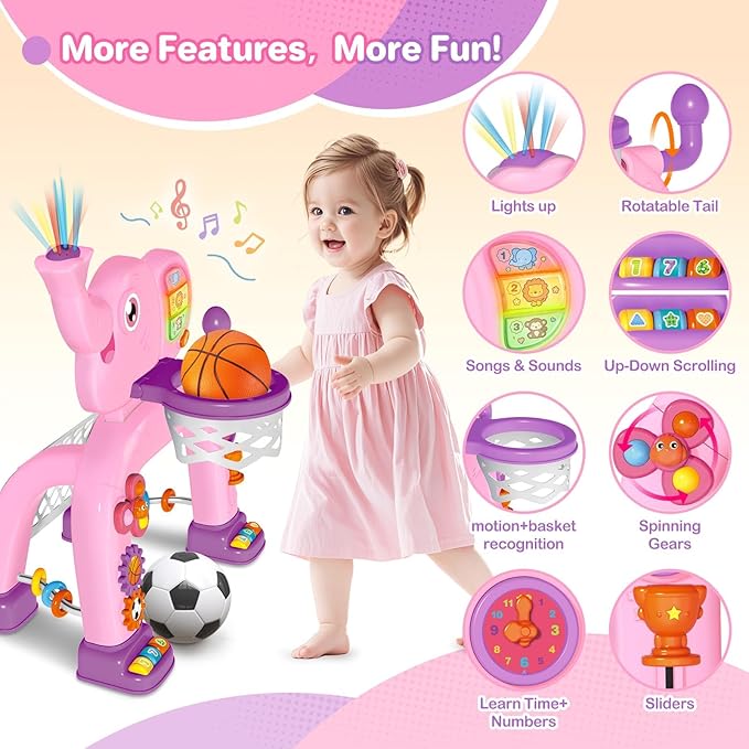 Shemira Toddler Basketball Hoop & Soccer Goal Activity Center Toys with Light & Music,Elephant Toddlers Musical Toys Gift, Baby & Toddlers Christmas Birthday Gift for 1 2 3 Year Old Boys & Girls