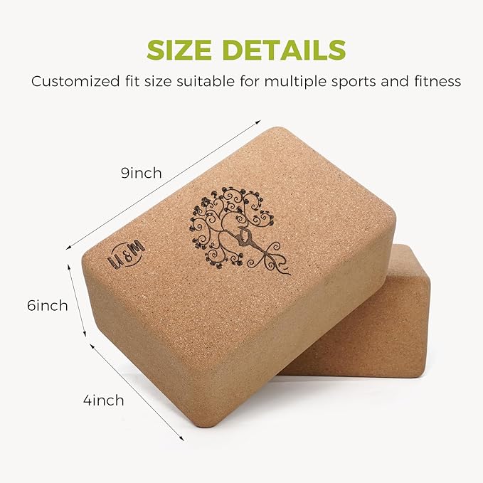 U&M Cork Yoga Blocks 2 Pack Set,Natural Cork High Density 9"x6"x4" Yoga Blocks Odor-Resistant Non-Slip for Yoga, General Fitness, Pilates, Stretching and Toning