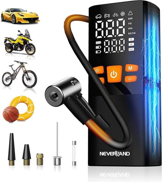 NEVERLAND Tire Inflator Portable Air Compressor - 4X Faster 150 PSI Air Pump for Car Tires, Electric Bike Pump with Pressure Gauge, Auto-Shutoff Cordless Tires Pump for Car Bicycle Motorcycle Ball