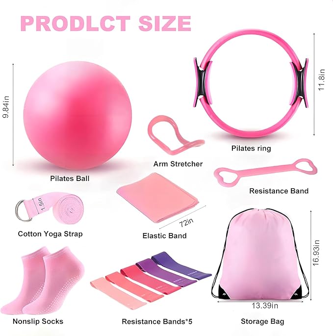 Pilates Ring Circle Set 13 Pcs Exercise Equipment Accessories for Women Workouts Pilates Ball Stretching Strap Magic Circle Yoga Ring Gym Back Bag Resistance Band Anti Slip Socks