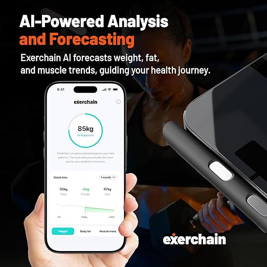 ExerScale AI Smart Scale with Body Weight Prediction, BMI, Body Fat, Muscle Mass, Workout, Food Tracking, Bluetooth Digital Scale with 8 Electrodes, High Accuracy Health Analyzer by EXERCHAIN - Black
