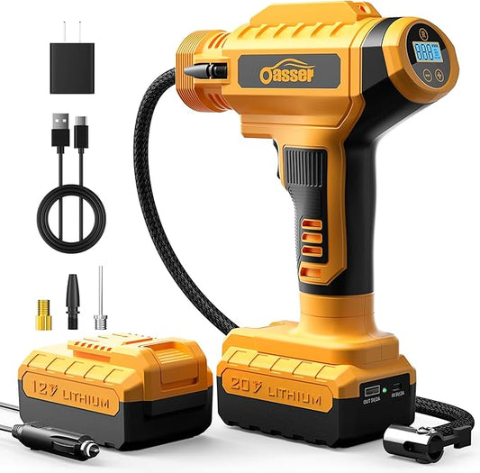 YOHOOLYO Tire Inflator Portable Air Compressor for Cars, 20V Cordless Rechargeable Battery Powered Electric Car Tire Air Pump Digital Pressure Gauge 12V DC Adaptor LED Light Auto Stop, 150PSI Yellow