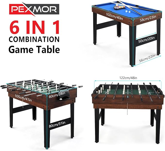 PEXMOR 6-in-1 Multi Game Table for Adults, Combo Table for Game Room, 48" Game Table Set for Family w/Hockey, Foosball, Pool, Table Tennis, Shuffleboard, Bowling