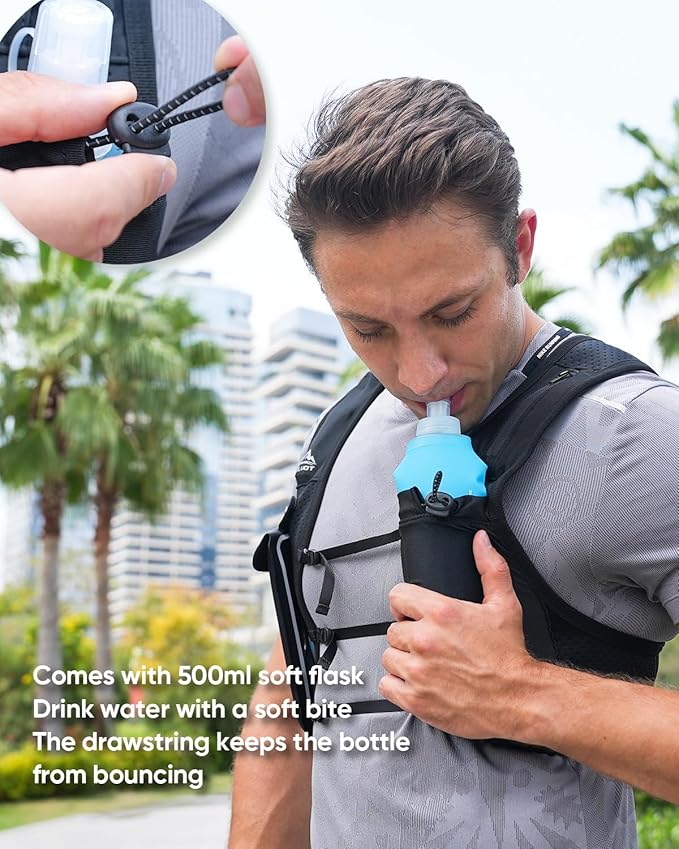 Running Vest for Women Men, USA Original Patent, Adjustable Chest Straps Running Hydration Vest with 500ml Soft Flask, Lightweight Reflective Hydration Backpack for Marathon