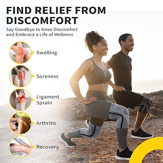 CAMBIVO Knee Brace for Women and Men with Side Stabilizer 2 Pack, Lightweight Knee Compression Sleeves for Knee Pain Relief, Knee Sleeves for Running, Workout and Daily Activities (Orange, Medium)