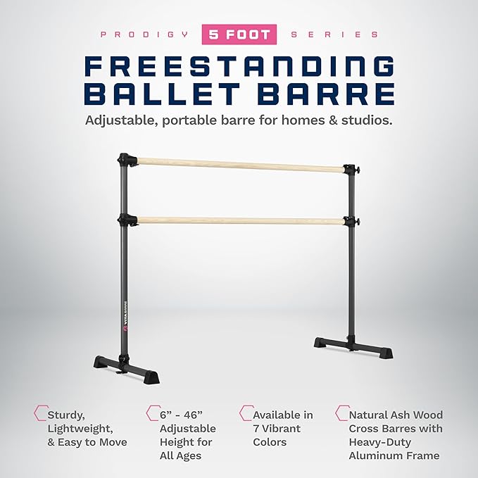 VITA Barre Portable Freestanding Double Ballet Barre, Prodigy, Wood | Adjustable Height, USA Made, Home or Gym Exercise Equipment for Kids & Adults | Dance, Fitness, Pilates