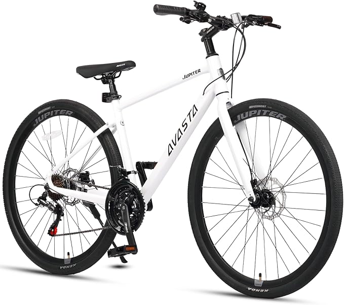 AVASTA Jupiter 700C Road Adult Step-Over Hybrid Cycling Bike Bicycle, Aluminum Frame, 21-Speed, Dual Disc Brakes, Multpile Colors for Men Woman Male Female