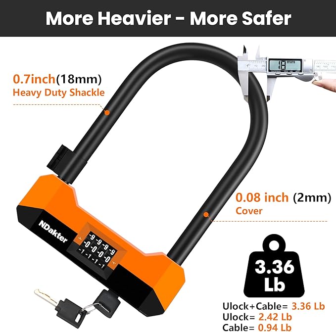 NDakter Bike Locks Heavy Duty Anti Theft，18mm Bicycle Combo U Lock with 5FT Cable, 4-Digit Resettable Combination Electric Scooter Lock with 2Keys and Bracket for Tricycle, Moped, Motorcycle (Orange)