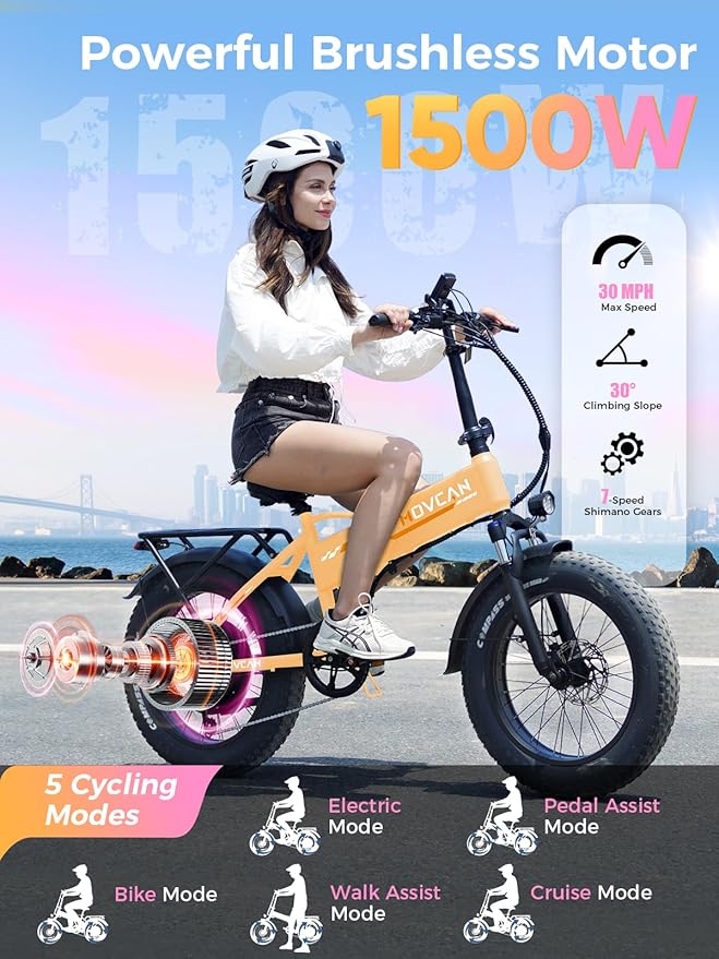 Q20 Folding Electric Bike, 52V 15.6Ah Removable Concealed Battery 20” Fat Tire Dirt Bike,1500W Motor 30 MPH Top Speed E Bikes, 7 Speed Dual Hydraulic Brake Electric Bikes for Adults