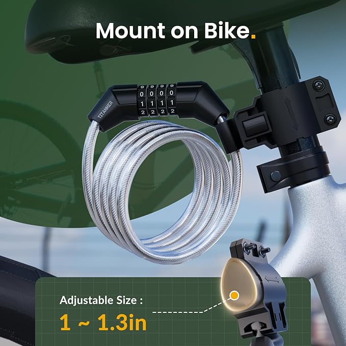 Titanker Bike Lock Cable, 4 Feet Bike Cable Lock Basic Self Coiling Kids Bike Lock Combination with Complimentary Mounting Bracket, 5/16 Inch Diameter (4FT, White-8mm)