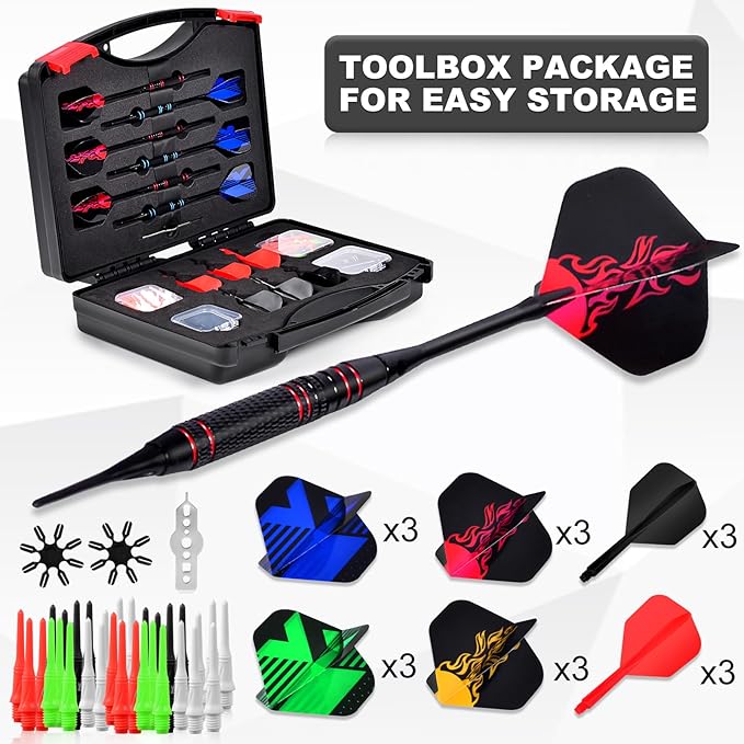Darts Plastic Soft Tip, Professional Dart Set, 12Pcs 18Gram with 120 Extra Tips, 6 One-Piece Dart Wings, Flight Protector, Tool Wrench, Storage Case, Darts Set for Electronic Dartboard