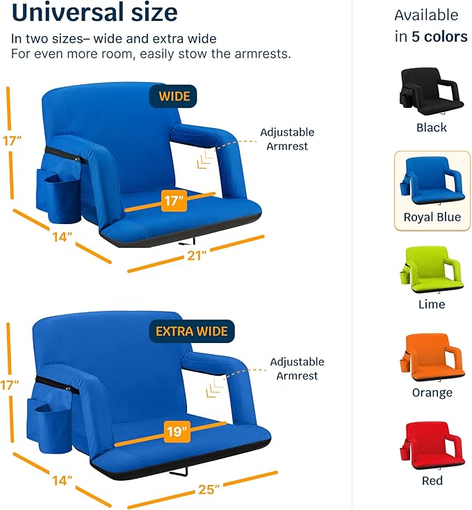 Alpcour Reclining Stadium Seat – Wide Bleacher Chair with Back Support and Cushion, Armrests, Side Pockets, and Bleachers Hook – Best Stadium Seats Chairs for Camping, Kayak, & Paddle Board Backs