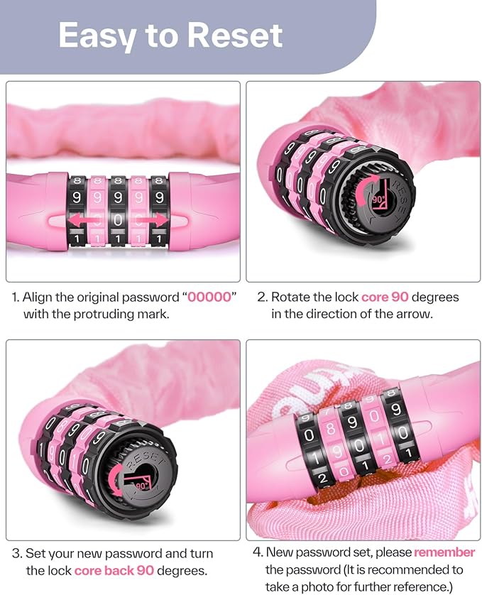 Sportneer Bike Lock: 5 Digit Combination High Security Anti Theft Bike Chain Lock - 3.2/3.6/4ft Heavy Duty Keyless Bicycle Lock for Bike, Motorcycle, Scooter, Door & Gate - 4/6mm Thick, Easy to Use