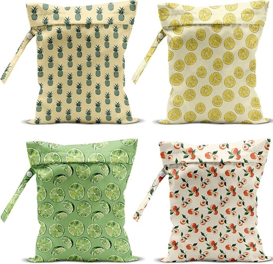 4 Pack Cute Fruit Wet Bag Waterproof Washable Reusable Wet Dry Bag for Swimsuit Dirty Clothes Cloth Diaper Travel Beach Pool Yoga Gym Toiletries Travel Beach Essentials Lemon Pineapple Peach