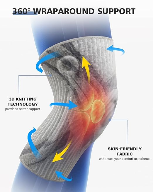 Knee Compression Sleeve, Knee Brace for Men & Women, Knee Support for Running, Basketball, Workout, Gym, Hiking, Sports, Gray, Large