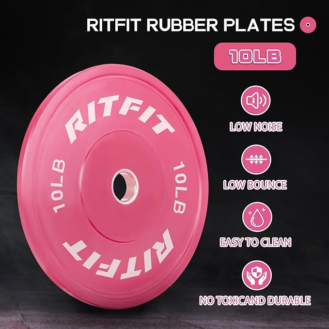 RITFIT Pink Weight Plates, 2 Inch Olympic Barbell Weight Plate, Bumper Plates With Steel Insert, Pink Weights for Gym and Home