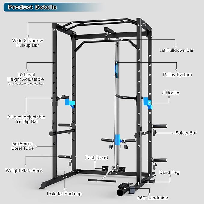 Power Cage, Multi-Functional Power Rack with J-Hooks, Dip Handles, Landmine Attachment and Optional Cable Pulley System for Home Gym