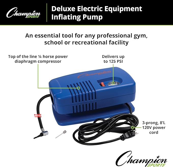 Champion Sports Electric Ball Inflator with Needle - Quiet Air Compressor for Basketball, Soccer, Volleyball & Sports Balls, High PSI Rating, Fast Inflation, 110-120V AC Power for Gym & School Use