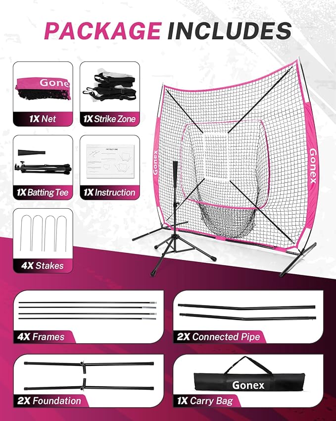 Gonex 7' x 7' Baseball Softball Practice Net Set with Batting Tee for Hitting and Pitching Batting, Practice Training Aid, with Strike Zone, Large Mouth, Bow Frame, Carrying Bag