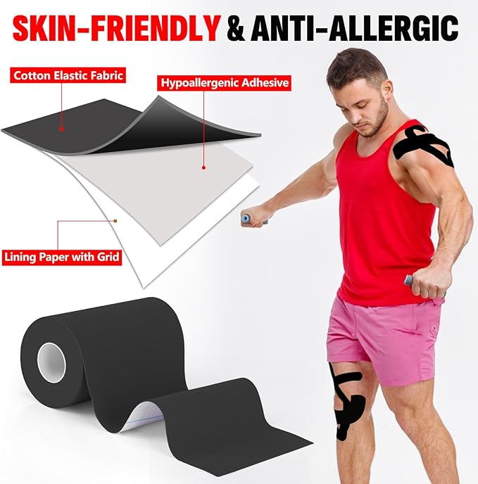 3 Rolls Kinesiology Tape, 4 inch x 14.8 Feet Waterproof Athletic Tape, Uncut Kinetic Tape, Elastic Muscle Tape, Sports Tape, Knee Tape for Exercise and Daily Use - Black