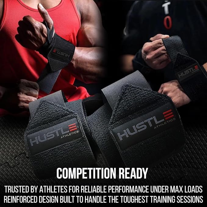 Hustle Athletics Wrist Wraps for Weightlifting, USPA-Approved Wrist Support Weight Lifting Wraps, Premium Hook-and-Loop, 12 in or 18 in Heavy-Duty Cotton-Elastic Support for Powerlifting & Bench Press