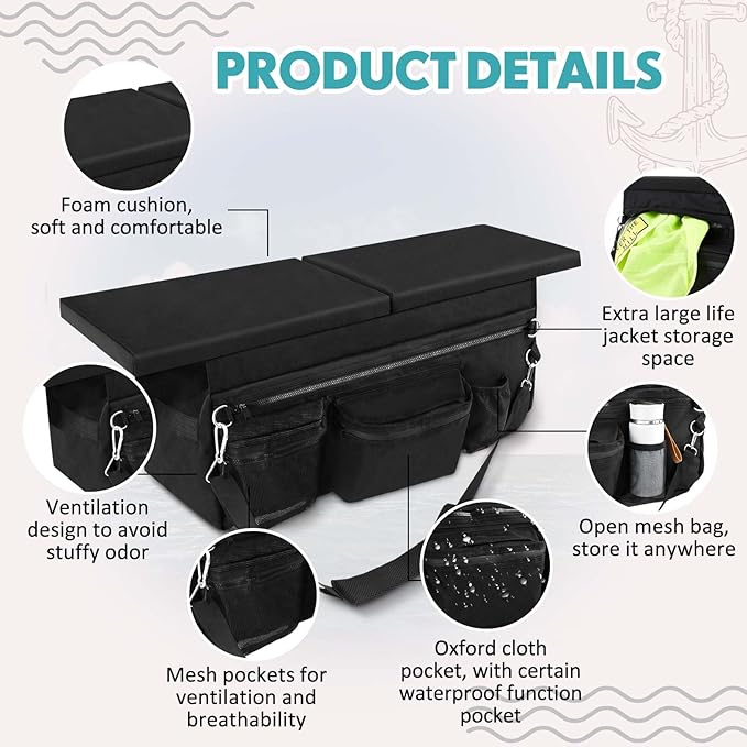 35 x 14 Inch Dinghy Boat Seat Cushion and Underseat Storage Bag with Pockets Black Thick Sponge Seat Bench Cushion for Inflatable Boat Water Resistant Outdoor
