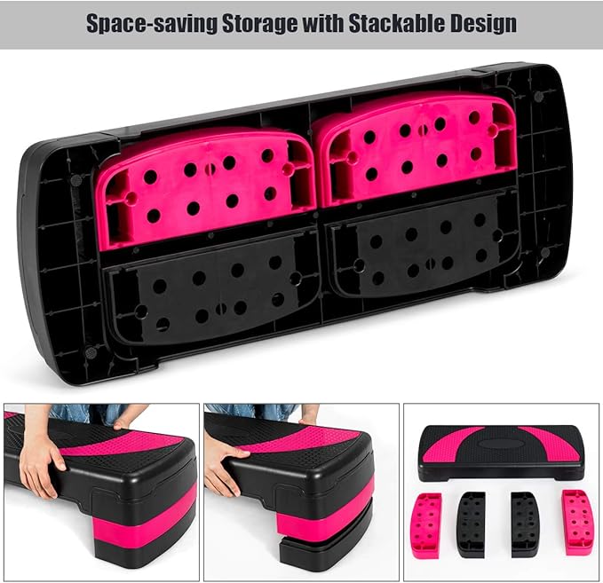 GYMAX Adjustable Aerobic Stepper, 3-Level Height Workout Platforms with Non-slip Pads, Shock-absorb & Anti-slip Surface, 31” Exercise Step Platform with Detachable Risers