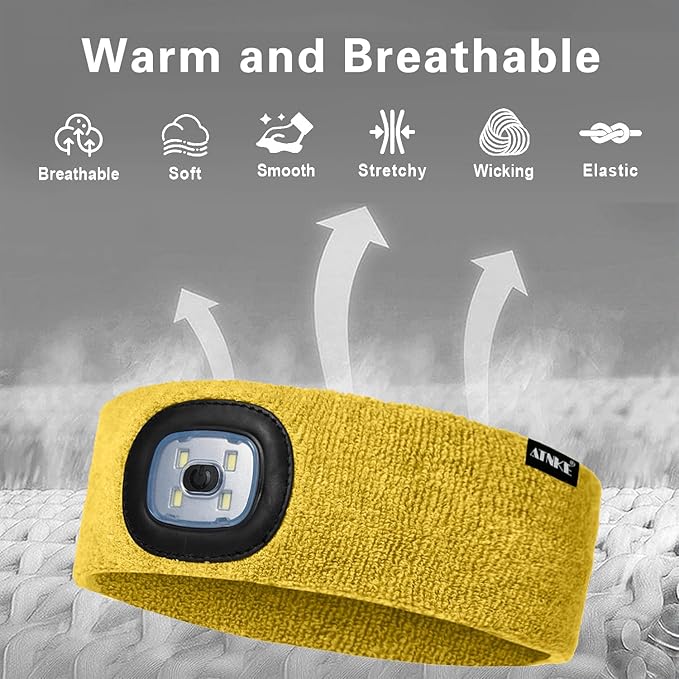 ATNKE 4 LED Lighted Sport Sweatband,USB Rechargeable Running Head Band Lamp High Stretch Wicking Gifts for Men and Women