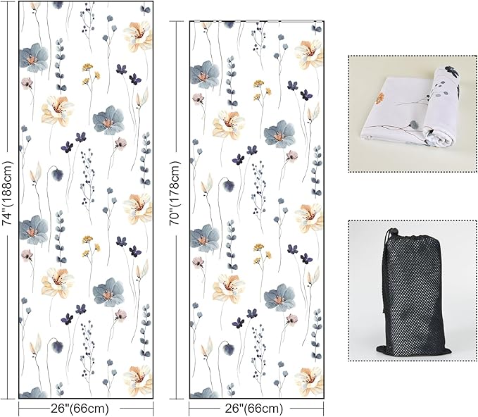 QiyI Floral Yoga Mat Towel with Corner Pockets, Non Slip Sweat Absorbent Hot Yoga Towels, Soft Yoga Blankets with Travel Bag, Mat Cover for Workout, Gym, Fitness - 74"x26", Watercolor Flowers