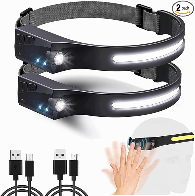 Headlamp Rechargeable 2 Pack, 230° Wide Beam Head Lights for Forehead with Motion Sensor, Hard hat Light for Adults, Waterproof 230 LED Headlamps for Running Fishing, Cycling, Camping, Work Light