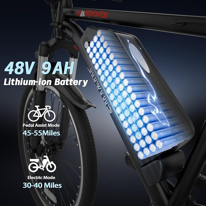 Electric Bike for Adults, 26'' Ebike, Up to 20-60 Miles 22MPH Electric Mountain Bike with 48V Removable Battery, Adjustable Stem, Fenders, Lockable Suspension Fork