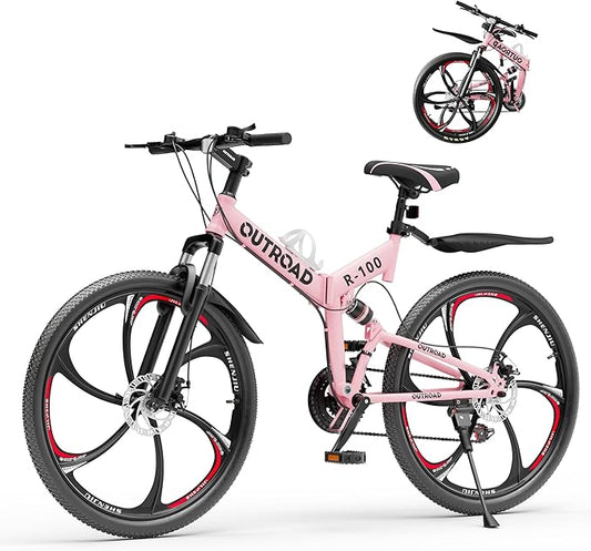 Betterland 26 Inch Folding Mountain Bike, 21 Speeds Full Suspension Foldable Bikes, Dual Disc Brake, High Carbon Steel Frame and Non-Slip Quick Release tire Bicycle for Adult