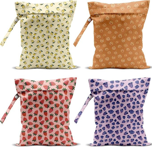 4 Pack Cute Fruit Wet Bag Waterproof Washable Reusable Wet Dry Bag for Swimsuit Clothes Cloth Diaper Travel Beach Pool Yoga Gym Toiletries Travel Beach Essentials Blueberry Strawberry