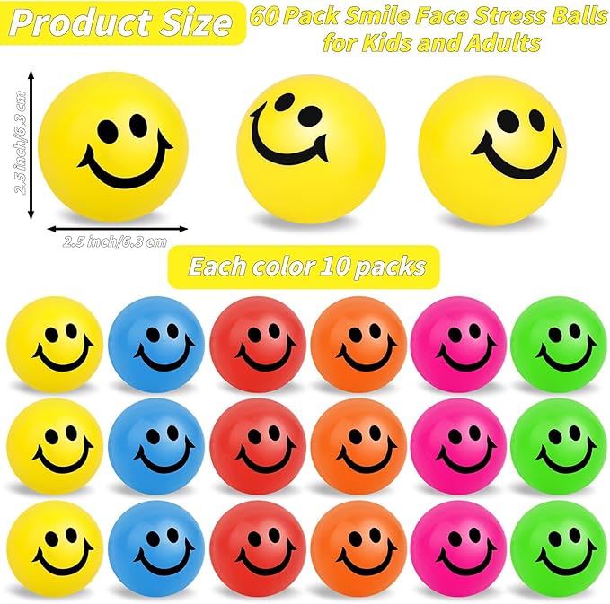 60 Pack Smile Face Stress Balls Bulk 2.5 Inch Funny Face Stress Relief Balls Colorful Mini Squeeze Balls Foam Smile Face Toys for Finger Exercise, School Prizes, Party Bag Fillers