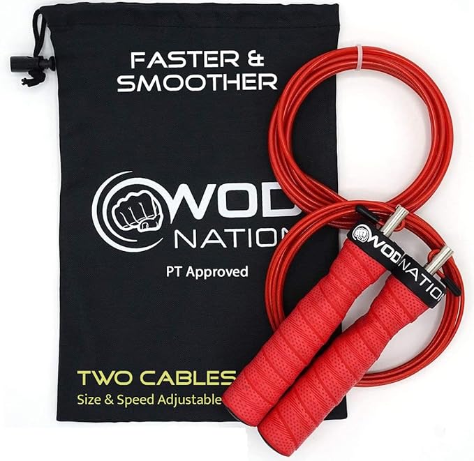 WOD Nation Attack Speed Jump Rope : Adjustable Jumping Ropes : Unique Two Cable Skipping Workout System : One Thick and One Light 11 Foot Cable : Perfect for Double Unders : Men and Women
