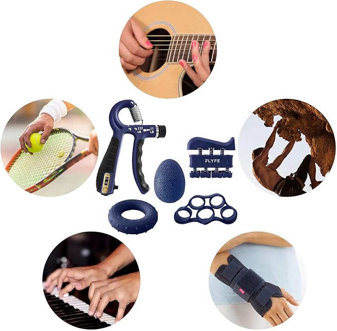 FLYFE Grip Strength Trainer Kit (5 Pack), Forearm Strengthener, Hand Squeezer Adjustable Resistance, Finger Stretcher, Grip Ring, Relief Ball and Finger Exerciser for Men and Women, Injury Recovery