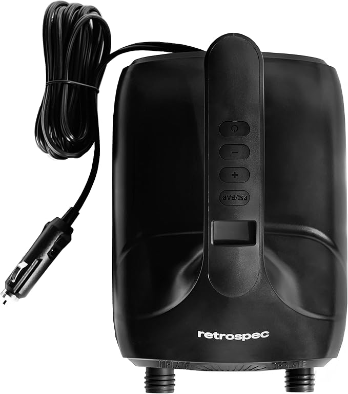 Retrospec iSUP Intelligent Dual Stage Electric Pump for Inflatable Stand Up Paddleboards - 12 Volt DC Car Connector Pump w/Pressure Value LCD Screen & Flex-Hose - Portable & Compact