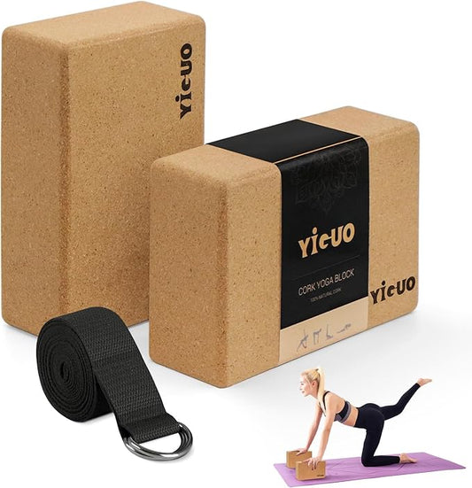 YIGUO Cork Yoga Blocks with Strap, 2 Pack Natural Yoga Block, Eco-friendly yoga blocks, High Density Non-Slip Yoga Accessories for Women, Ideal for Yoga, Pilates and Stretching, 9"x6"x3"