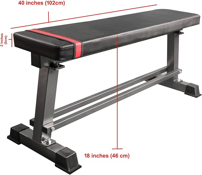 Fitness Maniac Flat Weight Bench with Built-in Dumbbell Rack Workout Bench Strength Training Bench Press for Home Gym Black