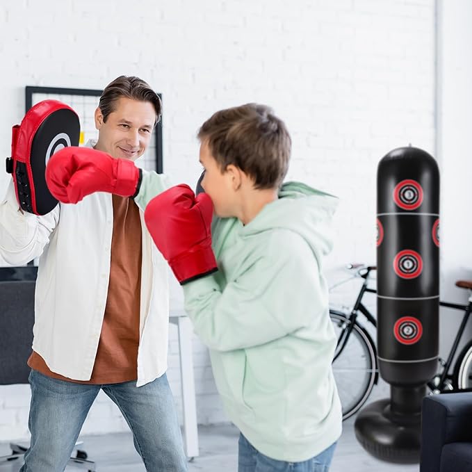 7 Pcs Kids Punching Bag Set Include Boxing Gloves, Inflatable Punching Bag, Hand Wraps, Hand Pads, Air Pump, Kids Boxing Training Set for Karate Kickboxing Taekwondo