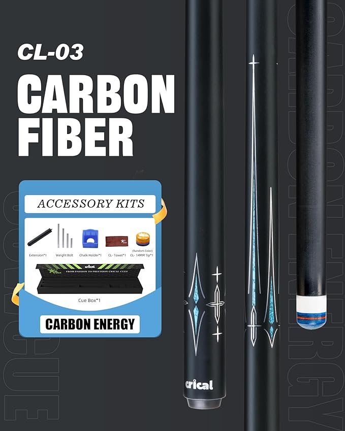 CRICAL Carbon Fiber Pool Cue Stick 58" Billiard Cue Sticks Professional Low Deflection Pool Sticks with 3/8 * 8 Pin Joint and 12.5mm Tip
