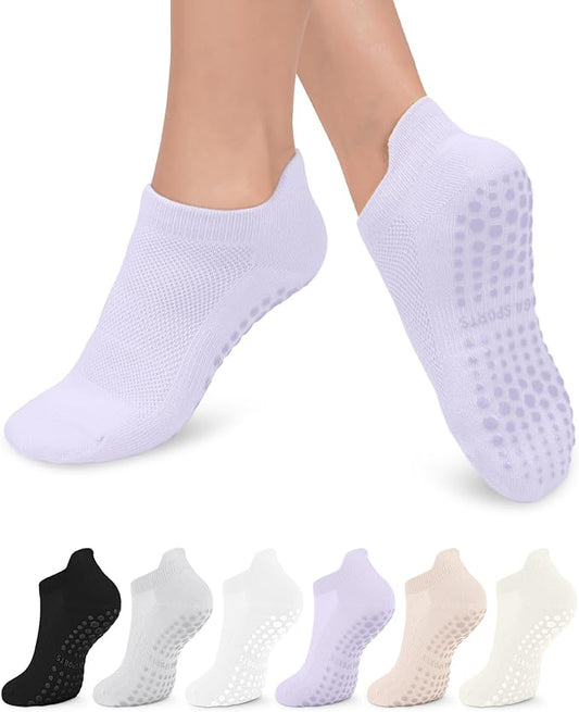 6 Pairs Grip Pilates Socks for Women, Non-slip Yoga Athletic Socks for Barre Ballet Barefoot Workout Hospital