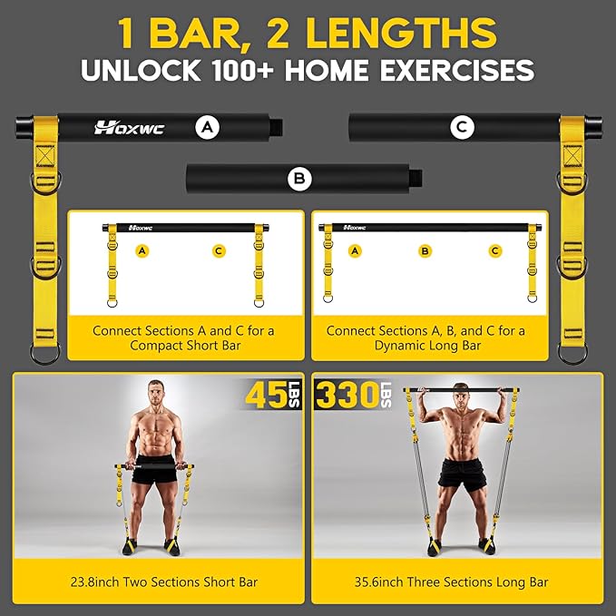 Pilates Equipment, Portable Pilates Bar Kit with Resistance Bands, Professional Adjustable Heavy Duty Squat Workout Equipment for Men, Home Gym Muscle Strength Training, Full Body Exercise