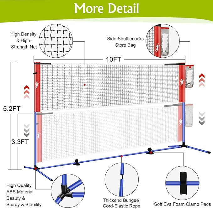 Pickleball Badminton Net Set for Backyards, All-in-One Portable Volleyball Combo Set with Adjustable Net, Volleyball Pickleball Paddles & Badminton Rackets for Indoor Outdoor