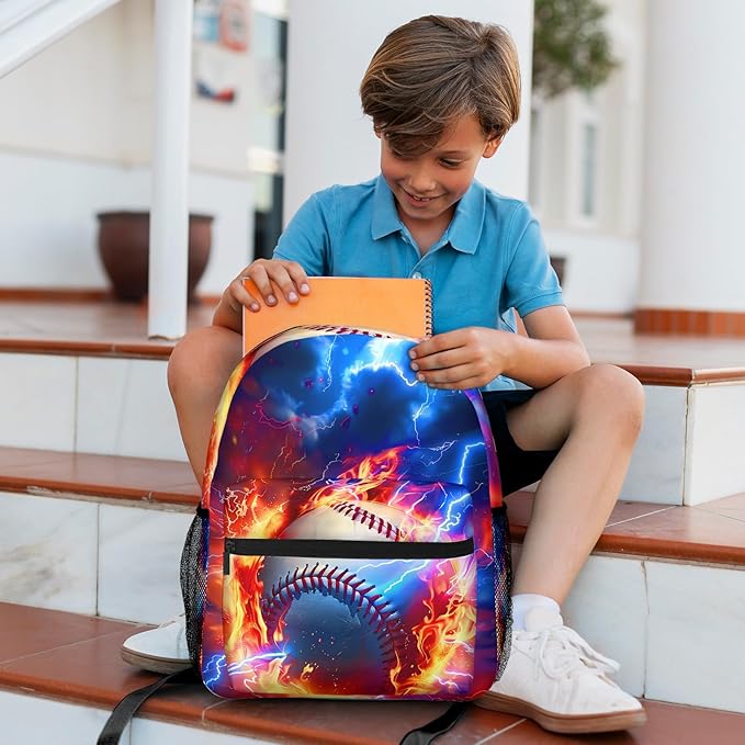 Baseball Themed Backpack for Boys Girls Bookbags Lightweight Adjustable Elementary Middle High School Bags for Kids Children Teenagers Travel Daypack Laptop Hiking Backpacks