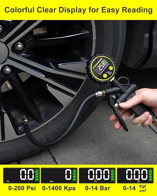 Digital Tire Pressure Gauge with Inflator, 0-200 PSI, 2.5" Color Screen, ±1% High Accuracy, Auto Shut-Off, Rubber Hose & 1/4" NPT Quick Connect Plug & Locking Air Chuck for Cars, SUVs, Motors, Bikes