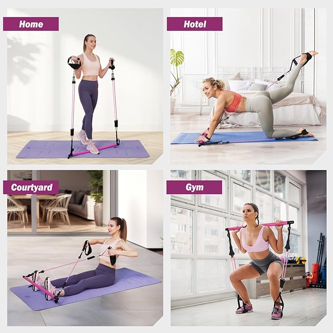 Upgraded Pilates Bar Kit with Resistance Bands Natural Latex for Women & Men, Heavy-Duty Stainless Steel Multifunctional Yoga Pilates Stick for Home Gym Exercise Fitness Equipment Full-Body Workouts