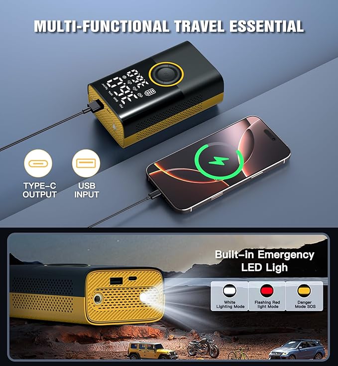 Tire Inflator Portable Air Compressor Portable Cordless Mini Air Pump with Digital Pressure Gauge Inflater 150PSI Fast Inflation and Auto Shutoff Function Tires Pump for Cars Motorcycles Bikes(Yellow)